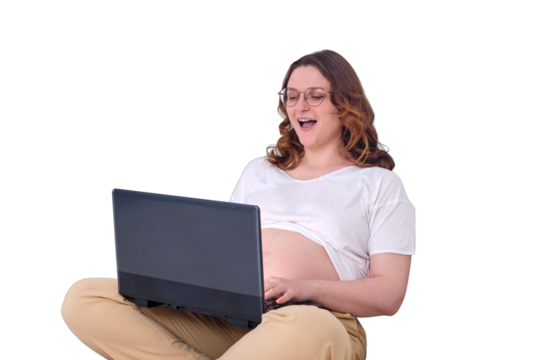 Workplace in a home bed with a computer and phone, laughing pregnant woman working on a laptop, isolated on a white background - Powered by Adobe
