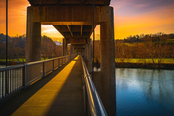 James River Bridge Pedestrian Walkway at sunset along the Blue Ridge Parkway of Washington Jefferson National Forest in Big Island, Virginia, abstract geometry of underside bridge architecture - Powered by Adobe