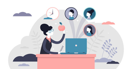 Remote learning illustration, transparent background. Distance teaching in school tiny persons concept. Covid-19 pandemic situation solution from children knowledge development aspect.