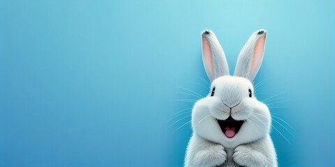 Obraz premium cute animal pet rabbit or bunny white color smiling and laughing isolated with copy space for easter greeting card