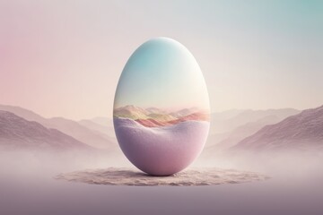 Abstract creative Easter concept of painted pastel egg in the desert. Holidays on the hot sand under the clear blue sky. Generative AI.