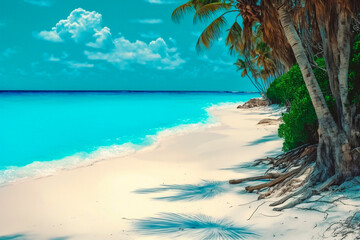 Fototapeta na wymiar Tropical beach with palm trees during a sunny day. Generative AI