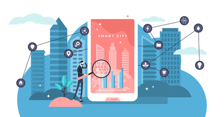 Plakat Smart city illustration, transparent background. Flat tiny digital ergonomic urban persons concept. Wireless 5G communication possibilities using gadget network in cityscape.