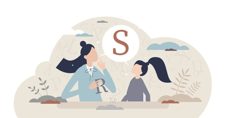 Speech therapist for S or R letter pronunciation problems tiny person concept, transparent background.Communication correction and development for school kids illustration.