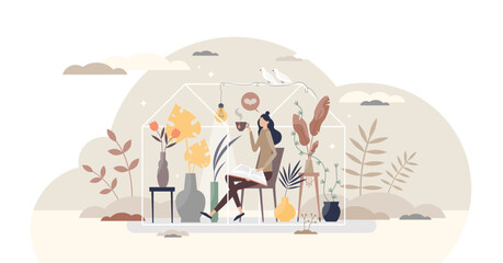 Spending time at home alone as isolated single female tiny person concept, transparent background. Avoid social meetings and sitting inside apartment to be safe illustration.