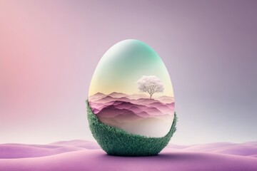 Abstract creative Easter concept of painted pastel egg in the desert. Holidays on the hot sand under the clear blue sky. Generative AI.