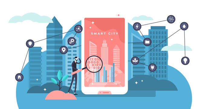 Smart city illustration, transparent background. Flat tiny digital ergonomic urban persons concept. Wireless 5G communication possibilities using gadget network in cityscape.