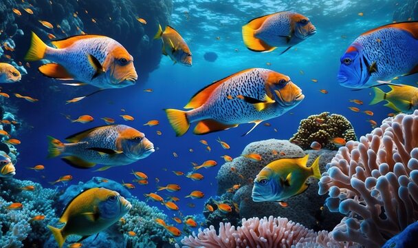  a large group of fish swimming over a coral covered ocean.  generative ai
