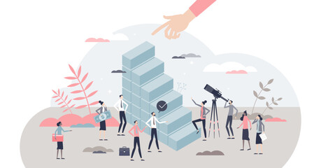 Achievement ambition as vision for high career targets tiny person concept, transparent background. Aim to reach professional top career with determination, confidence and effort illustration.