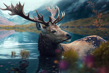 Large Bull Moose Foraging at the Edge of a Lake in Autumn. Generative AI