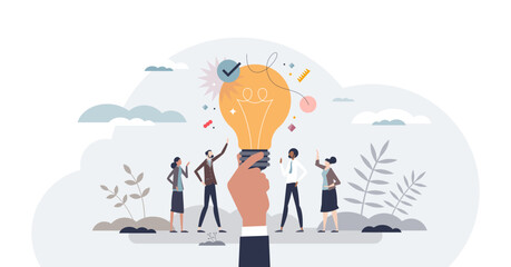 Business ideas with creative and innovative company plans tiny person concept, transparent background. Successful solution with cooperative advice illustration. Opportunity for new startup project. - obrazy, fototapety, plakaty