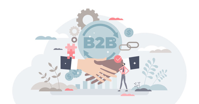 B2B Business model concept, tiny person illustration, transparent background. Commercial transactions between business entities. Partnership network building and industry collaboration.
