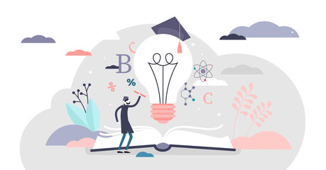 Education ideas illustration, transparent background. Wealth of knowledge in flat tiny persons concept. Self development process to be smart and intelligent. Study brain strategy.