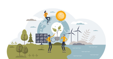 Environmental impact assessment for effect analysis tiny person concept, transparent background. Nature pollution evaluation and green energy types sustainability research.
