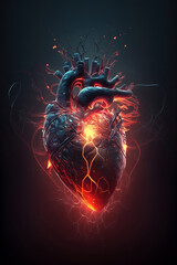 Illustration of dark human heart. A stylized black human heart with a fiery red aura, emanating a palpable sense of malevolence and darkness. Generative Ai.
