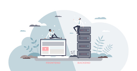 Frontend vs backend programming sides for website tiny person concept, transparent background. Final landing page tech compared to database, server or hosting platform technology illustration.