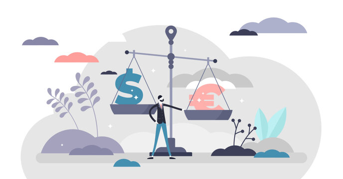 Euro vs dollar illustration, transparent background. Exchange money flat tiny person concept. Global commerce banking market changes and currency fluctuations visualization.