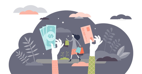 Payment concept, flat tiny person illustration, transparent background. Paper cash or credit card processing. Hands holding card and bills. Customer with shopping bags going from store.
