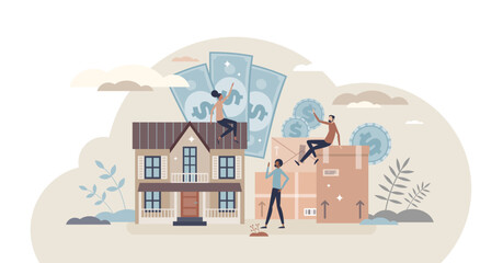 Obraz na płótnie Canvas Personal assets as financial and real estate capital tiny person concept, transparent background. Private properties and savings value illustration.