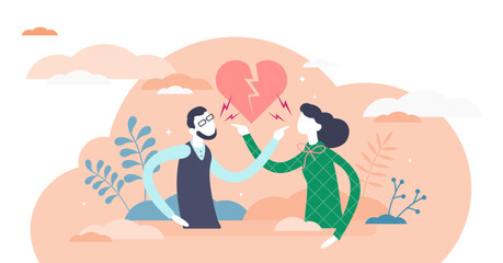 Pointing fingers gesture, flat tiny persons couple illustration, transparent background. Male and female relationship conflict concept. Aggressive arguing about the responsibilities.