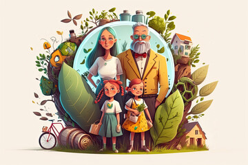 Obraz na płótnie Canvas A Green Illustration of a Sustainable Family Living a Happy Life. Generative AI