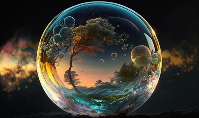 Obraz na płótnie Canvas a glass ball with a tree and a sunset in the background. generative ai