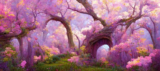 Enchanting surreal forest of purple and pink cherry tree blossoms, dreamlike spring season vegetation, otherworldly, natural beauty, vibrant and imaginative - high detail generative ai. © Everlasting Dreams