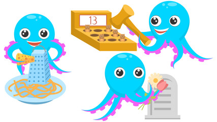 Set Abstract Collection Flat Cartoon Different Animal Blue Octopus With Flowers Near The Grave, Grating Cheese On A Plate, Playing A Hammer Game On Hamsters Vector Design Style Elements Fauna