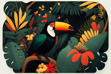 Tropical set with a toucan bird and palm leaves. Generative AI