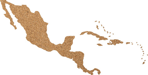 Central America map cork wood texture cut out on transparent background.