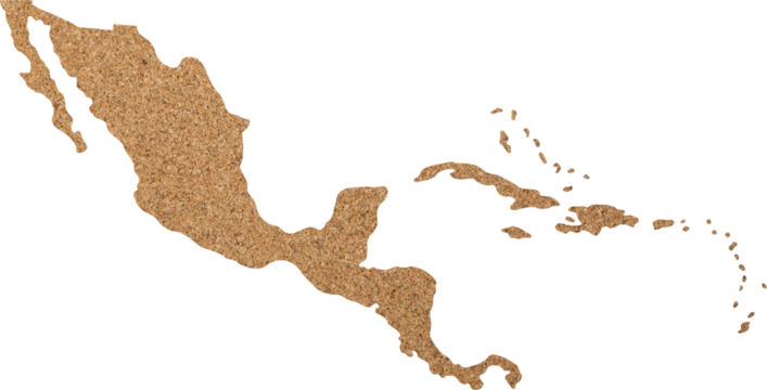 Central America map cork wood texture cut out on transparent background.