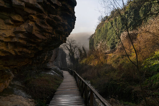 Tokatli canyon with wooden path and stairs in a foggy day. Safranbolu, Karabuk, Turkey