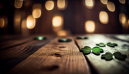 Plakat St. Patrick's Day concept. Image of wooden table in front of abstract blurred background of Bar lights. Generative Ai.