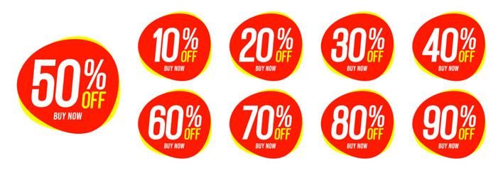 10%, 20%, 30%, 40%, 50%, 60%, 70%, 80%, 90%, Discount. Sale tags set vector badges template. Sale offer price sign. Special offer symbol. Discount promotion. Discount badge shape.