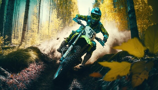 raider motocross in forest track by ai generative 