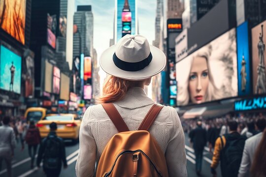 Female Tourist At Times Square New York, USA. Generative AI