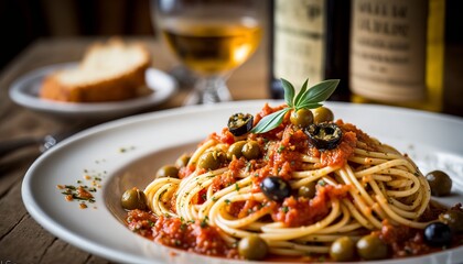 Spaghetti alla puttanesca - spaghetti noodles, canned tomatoes, anchovy fillets, capers, olives, garlic, olive oil, salt, pepper, and red pepper flakes.