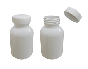 3d rendering mockup template of plain white pill medicine bottle open and closed perspective view