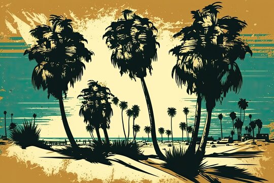 Authentic, vintage looking palm trees of California. Generative AI