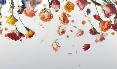  a bunch of flowers floating in the air on a white background.  generative ai