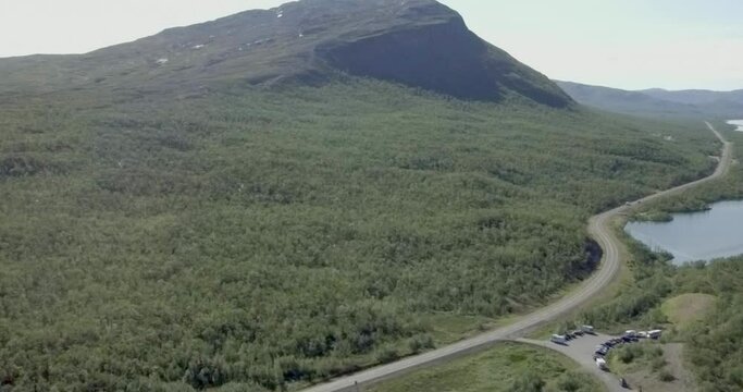 Aerial view at Kilpisj&auml;rvi, Lapland ,Finland and European route E8 that goes from Tromso, Norway to Turku, Finland in summer.
