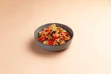 Wok Noodles with vegetables in a plate.