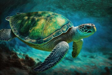 Slowly making its way to the reef is a green sea turtle. Generative AI