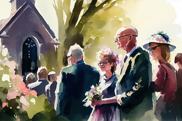 Wholesome scene of a bride and groom at the wedding celebration with family. AI Generative Art.