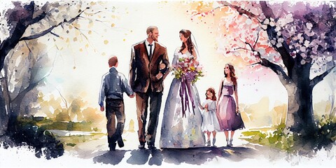 Wholesome scene of a bride and groom at the wedding celebration with family. AI Generative Art.