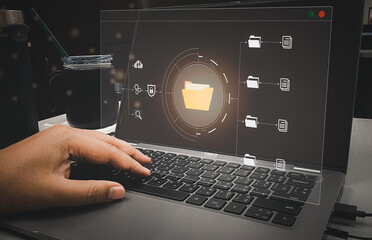 Uploading documents from a folder Open file folder with empty documents flew by laptop computer...