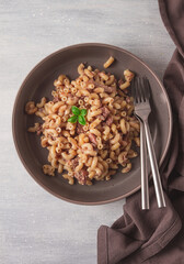 Pasta with stewed meat, pasta in the navy, horns, homemade, no people,