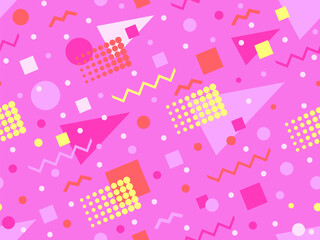 Memphis seamless pattern with geometric shapes in 80s style. Colorful geometric pattern. Design of promotional products, wrapping paper and printing. Vector illustration