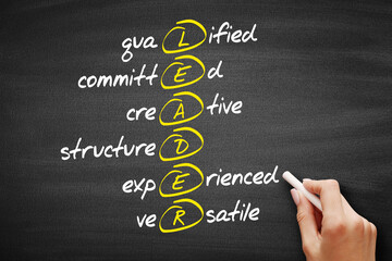 LEADER - Qualified, Committed, Creative, Structured, Experienced, Versatile acronym, business concept background.