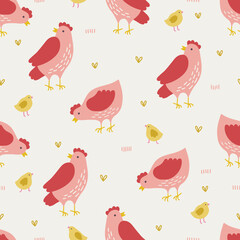 Easter seamless pattern with hen and chicken on white background